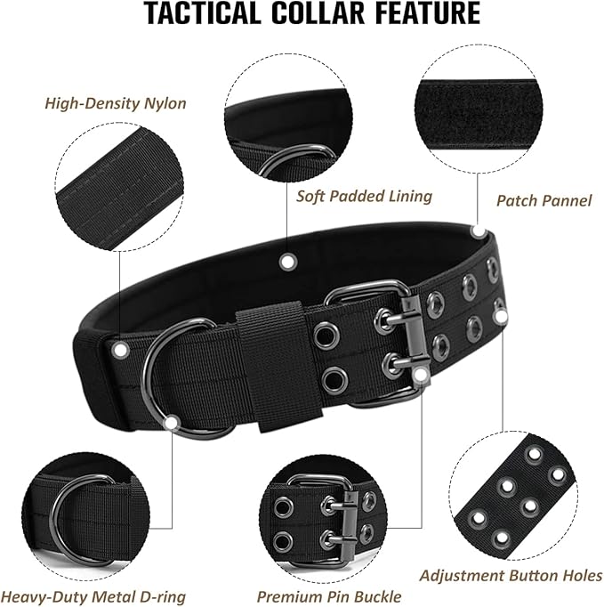 Tactical Dog Collar Military Adjustable Dog Collars Soft Nylon Training Collar with Patch Heavy Duty Metal Buckle Collars for Medium Large Dogs (Black-1, L)