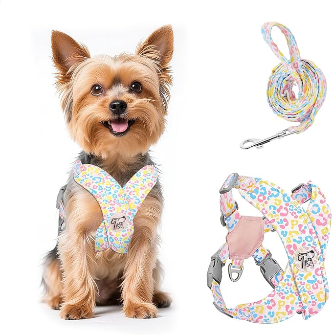 Pawaboo Small Dog Harness and Leash Set, Puppy Harness X-Frame No Pull No Choke, Dog Vest Harnesses Adjustable for Small Medium Sized Dogs,Soft Breathable Pet Harnesses, XS, Colorful Leopard