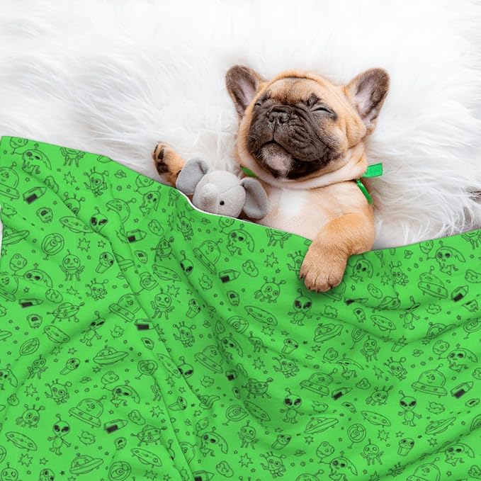 Two Sided Pet Cuddler Blanket for Anxiety Calming, Funny Aliens Dinosaurs Sasquatch, Reversible Plush Design with Bubble Dot Pattern Provides Familiar Surface Anywhere