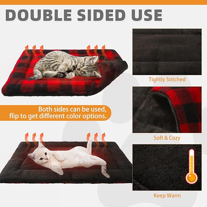 KOOLTAIL Self Warming Cat Bed, Christmas Plaid Pet Heated Pad for Indoor Outdoor Cats, Soft Thermal Double Used Warm Dog Mat, Washable Kitten Puppy House Blanket for Floor, Window Perch, Desk, Red