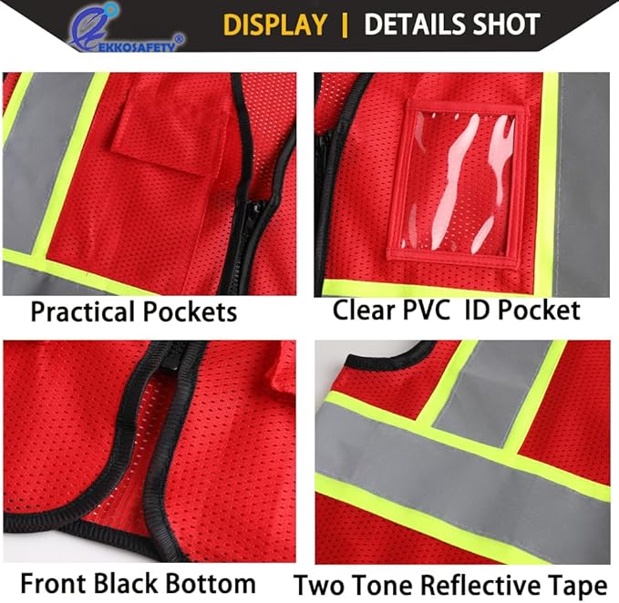 Reflective Mesh Safety Vest for Men Women with 5 Pockets and Zipper Front High Visibility Mesh Vest Hi Vis Construction Work Vest,Meets ANSI/ISEA Standards(EK175-Red-S)