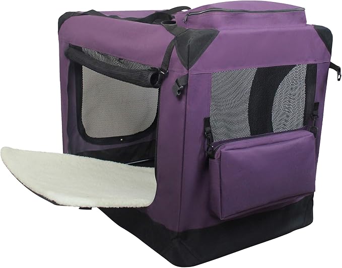 EliteField 3-Door Folding Soft Dog Crate with Carrying Bag and Fleece Bed (2 Year Warranty), Indoor & Outdoor Pet Home (42" L x 28" W x 32" H, Purple)