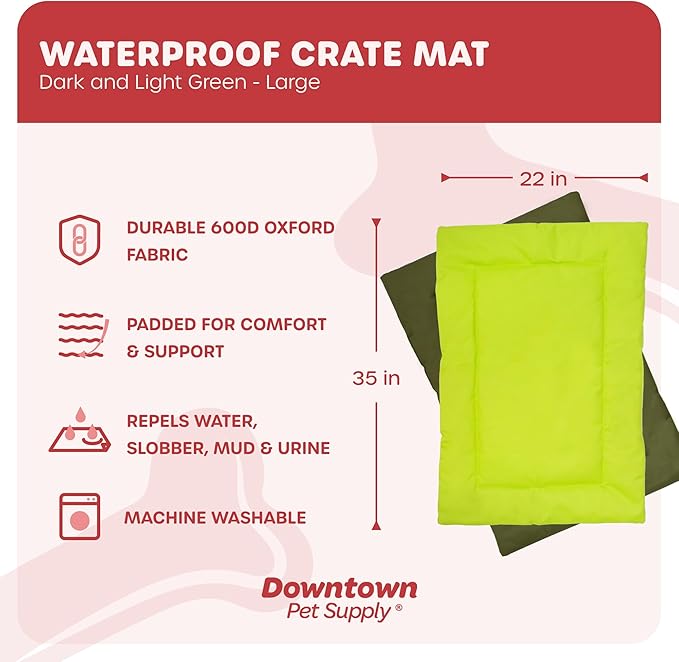 Downtown Pet Supply Dog Crate Pad, 35" x 22" - Waterproof, Ripstop Nylon Dog Crate Mat Chew Proof and Machine Washable - Dark and Light Green - L