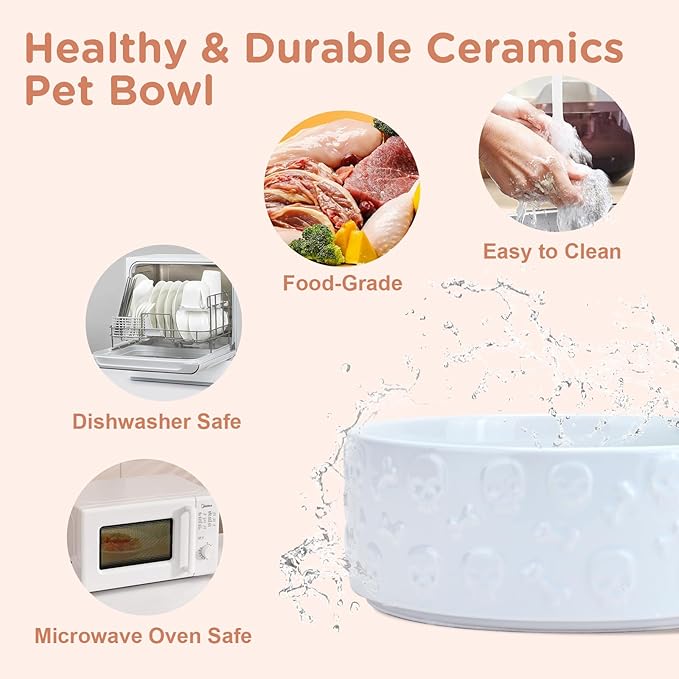 SPUNKYJUNKY Elevated Dog Bowls Ceramic, 8.3'' Dogs Food Water Bowls Raised with Non-Slip Bamboo Stand for Large Sized Breed Microwave Dishwasher Safe - 60 OZ,Skull White