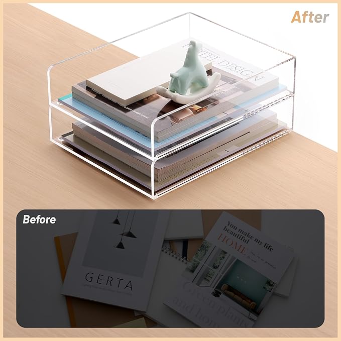 SANRUI Paper Organizer for Desk,Acrylic Stackable Letter Tray, Clear Desk Organizer, Paper Sorter for Office,Home or School,2-Pack