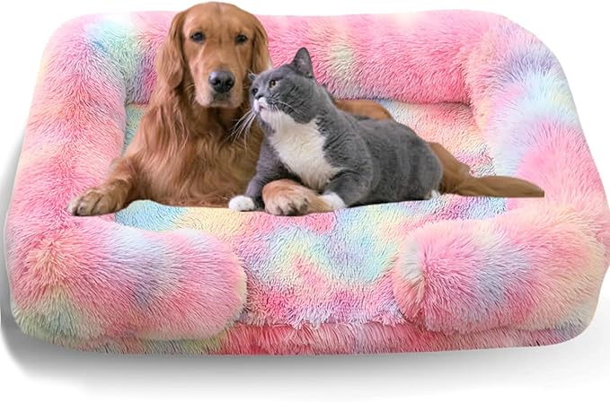 Dog Beds Medium Large Size Dog, Calming Dog Bed with Removable Washable Cover, Waterproof Lining and Nonskid Bottom(Tie-Dye Rainbow,XXL)