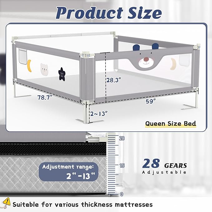 3-Piece Bed Rail for Toddlers with Headboard Rod, Adjustable Baby Bed Rail Guard (78.7 * 78.7 * 74.8 Inch-King Size)