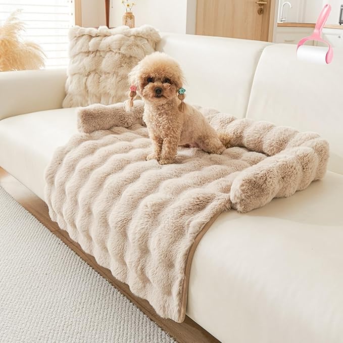 Luxurious Cozy Dog Couch Bed, Plush Dog Mat for Furniture Protector and Car, Non Slip Washable Calming Winter Thickened Pet Bed with Pillows for Large Medium Small Dogs/Cats