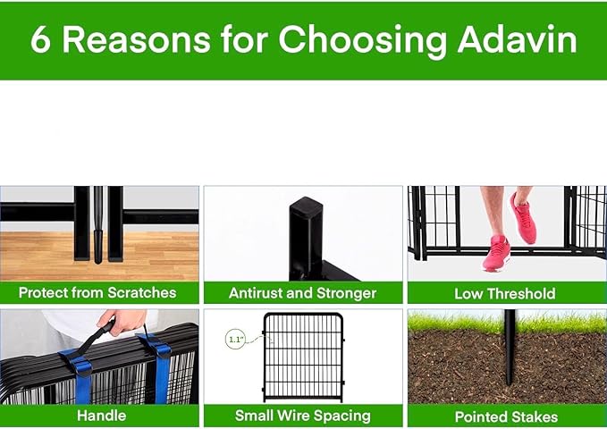 ADAVIN 32 in(H) Garden Fence with Low Threshold Gate, 8 Panels Total 17.7 Ft(L) Tall Garden Fencing for Raised Beds, Outdoor or Indoor Dog Playpen, Black Iron Metal Heavy Duty Dog Fencing
