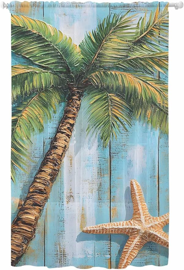 Sheer Curtains 108 Inches Long, Coastal Beach Tree Semi Sheer Curtains Light