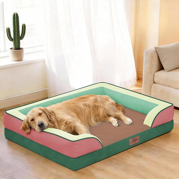 Comfort Expression Orthopedic Dog Bed for Extra Large Dogs 45x35 Inch, Waterproof Egg Crate Foam XL Pet Bed with Removable Bolsters, Dog Couch with Washable Cover & Non-Slip Bottom, Watermelon Mist
