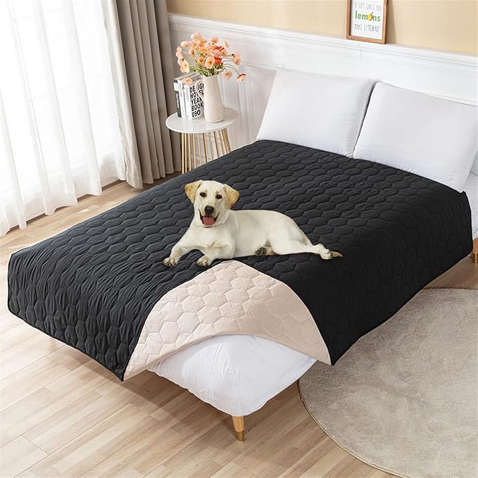 GIBZ Waterproof Dog Bed Cover Anti Slip Pet Furniture Protector Washable Blanket Large Soft Quilted Mat, Black, 260x210cm