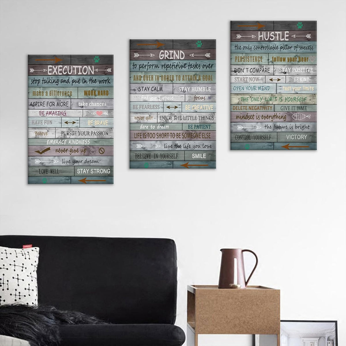 DINGFUN Rustic Motivational Quotes 3 Piece Canvas Wall Art Office Decor