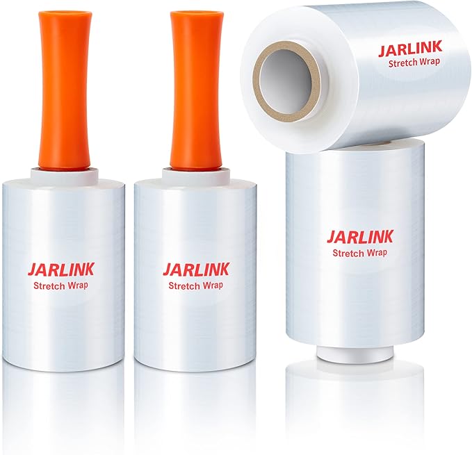 JARLINK 4 Pack Plastic Film Roll with Plastic Handles, 60 Gauge Thick, 5" x 1000ft Plastic Pallet Film, Industrial Strength Stretch up to 500% Stretch for Moving, Packing, Wrapping, and Shipping
