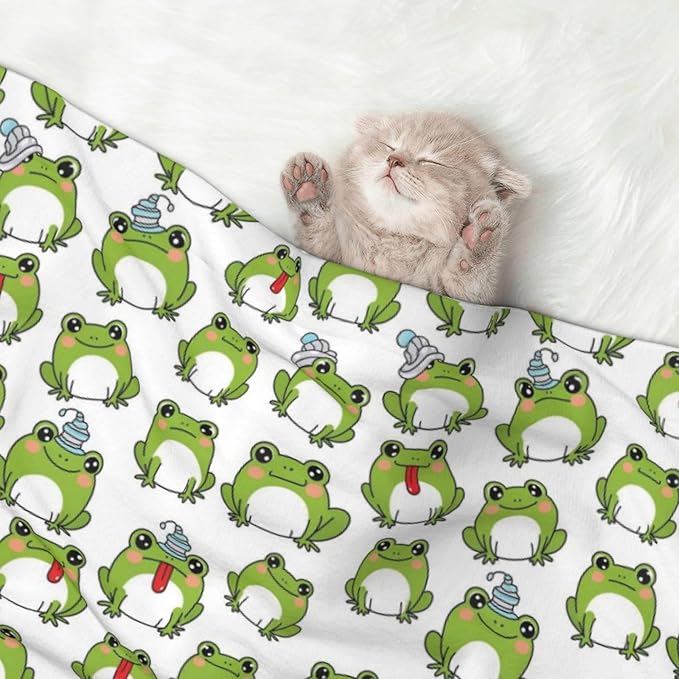 Two Sided Plush Pet Blanket for Crates Carriers Home Use, Cute Frog, Reversible Throw with Cozy Dot Fabric and Silky Reverse for Small Large Pets