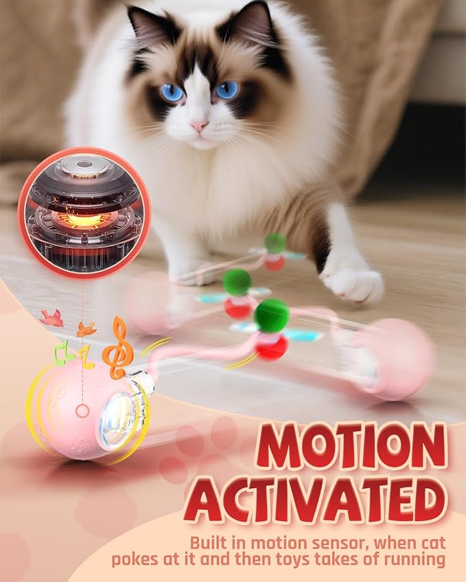 Interactive Cat Toys for Indoor Cats, 2025 Upgraded 360° Anti-chew Safe Material Moving Cat Ball with Tail, Interactive Cat Toys for Bored Indoor Adult Cats to Keep Them Busy (Pink, 2.2in)