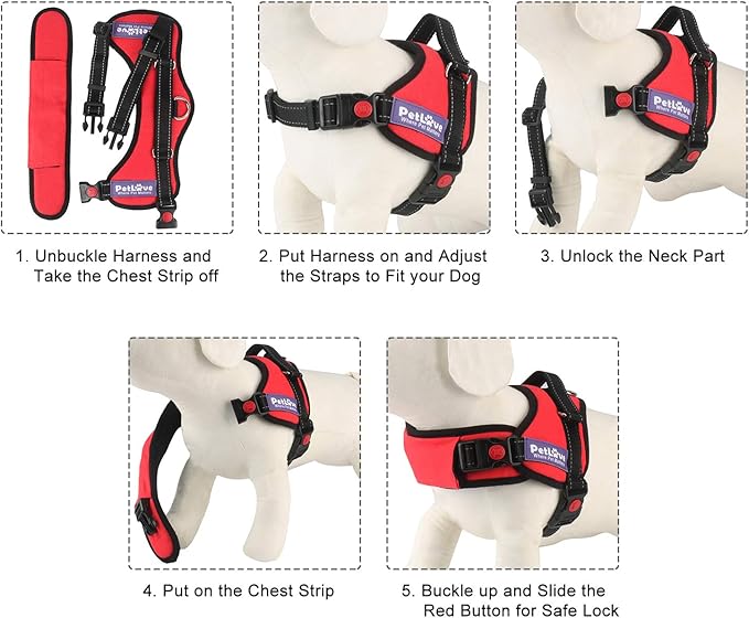 PetLove Dog Harness, Adjustable Soft Leash Padded No Pull Dog Harness for Small Medium Large Dogs, Red
