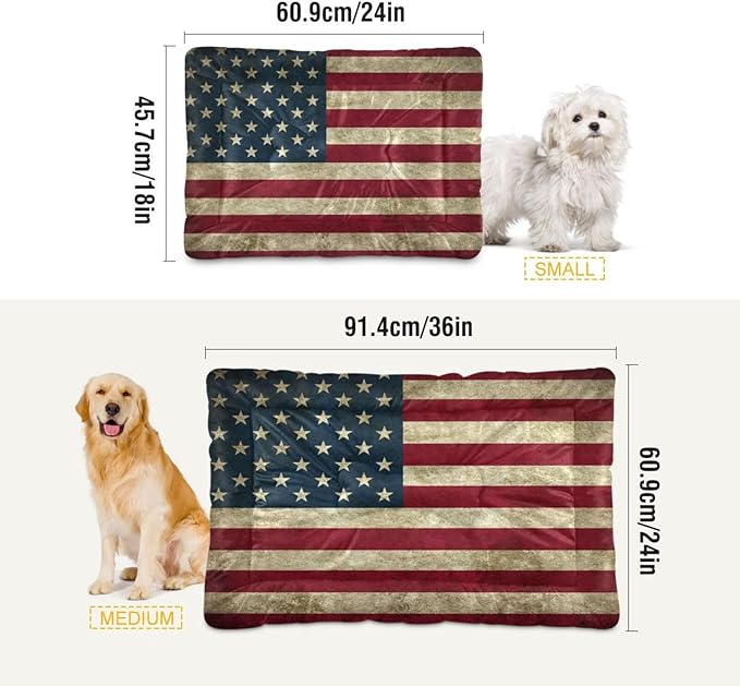 American Flag Dog Bed Mat, Cat Crate Pad with Non-Slip Bottom Washable Soft Pet Kennel Beds for Small Medium Large Dogs, 36"x24"