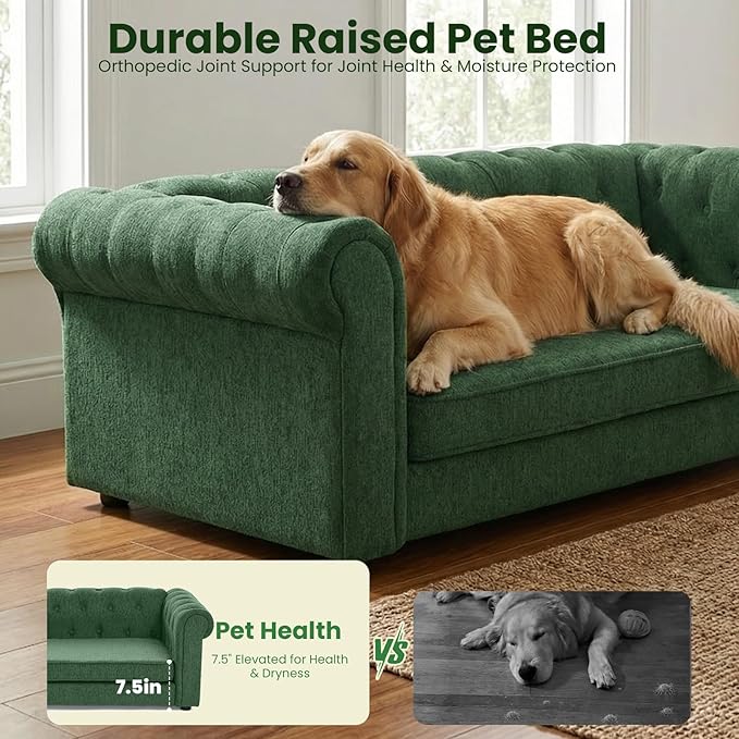 Elevated XL Large Dog Sofa with Backrest and Armrests, 55" Button Tufted Dog Couch Bed with Soft Cushion for Large Dogs, Stylish Lounging Bed Pet Couch Chair, 120Lbs Weight Capacity, Olive Green