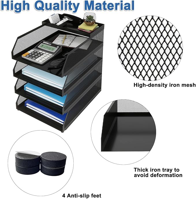 Natwind 4-Tier Desk Organizer,Stackable Paper Tray, Desk Accessories,Metal Mesh Desktop Organizer, Paper Sorter, Letter Trays,File Document Storage Rack for for Home, Office, School (Black)
