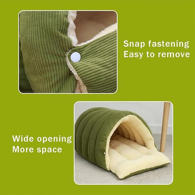 Removable and Washable Winter Closed-Off Cat Bed, Cat Winter Cave, Cute Cat Beds for Indoor Cats, Disassembled Design for Easier Cleaning, with Hair Remover (Green, 22.4 * 14.6 * 11.0 in)