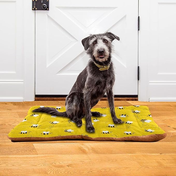 Emelivor Bees Yellow Dog Cat Bed Washable Crate Pet Bed Anti-Slip Comfortable Durable Dog Crate Bed for Large Medium Small Dogs Cat, 24x18in