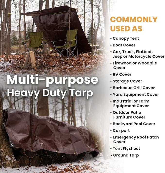 WHITEDUCK Super Heavy Duty Poly Tarp Cover 16 Mil & 10 Mil with Grommets and Reinforced Edges (Brown, White & Silver Black) (Brown- 16 Mil, 4' x 20')