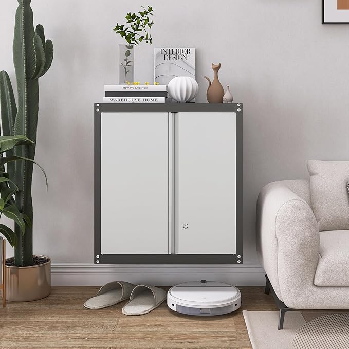 GREATMEET 28" H Lockable Metal Garage Storage Cabinets, Metal Cabinet Storage, Garage Wall Cabinet with Doors and Shelves, Hanging Floating, Grey&Black