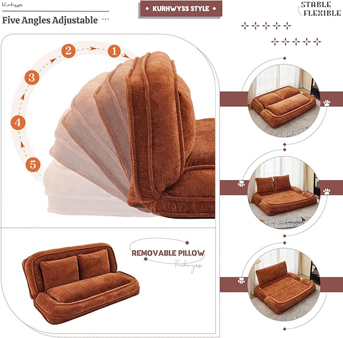 Extra Large Human Dog Bed for Adult & Pets, Convertible Floor Sofa Bed with 5 Adjustable Position, Lazy Couch Giant Bean Bag Lounge Chair Comfy Tatami with 3 Pillows for Bedroom Living Room (Orange)