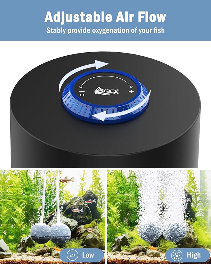 AQQA Aquarium Air Pump, Quiet Powerful Fish Tank Air Pump 3W/6W/10W with Stainless Steel Dual Outlet, Adjustable Oxygen Aerator Pump with Air Stone Bubbler for Fish Tank Up to 200 Gallon 6W (Tubby)