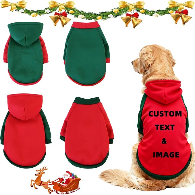 Custom Dog Hoodie, Personalized Sweatshirt with Photo Text Name Logo, Customized Hooded Sweater for Small Medium Large Dogs & Cats (Red + Green Border, XX-Large)