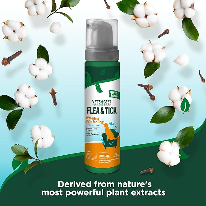 Vet’s Best Waterless Flea and Tick Dog Bath – Natural Flea & Tick Prevention – Dog Dry Shampoo Spray with Essential Oils – Kills Pests on Contact – Made in USA – 8 oz