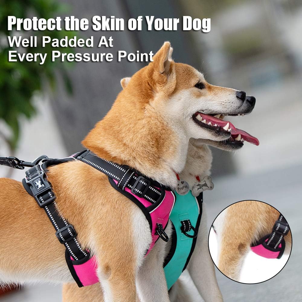 PoyPet No Pull Dog Harness, Reflective Comfortable Vest Harness with Front & Back 2 Leash Attachments and Easy Control Handle Adjustable Soft Padded Pet Vest for Small to Large Dogs (Pink,L)