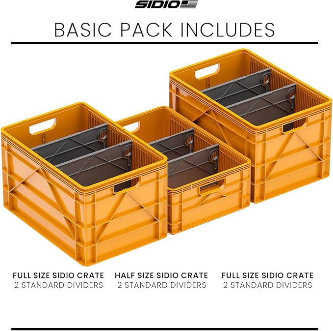 SIDIO Crate Basic Pack - 2 Full-Size & 1 Half-Size Heavy Duty Stackable Storage Bins, Totes and Containers with Dividers - Durable Plastic Organizer for Home, Office, Garage, and Outdoor Use (Sol)