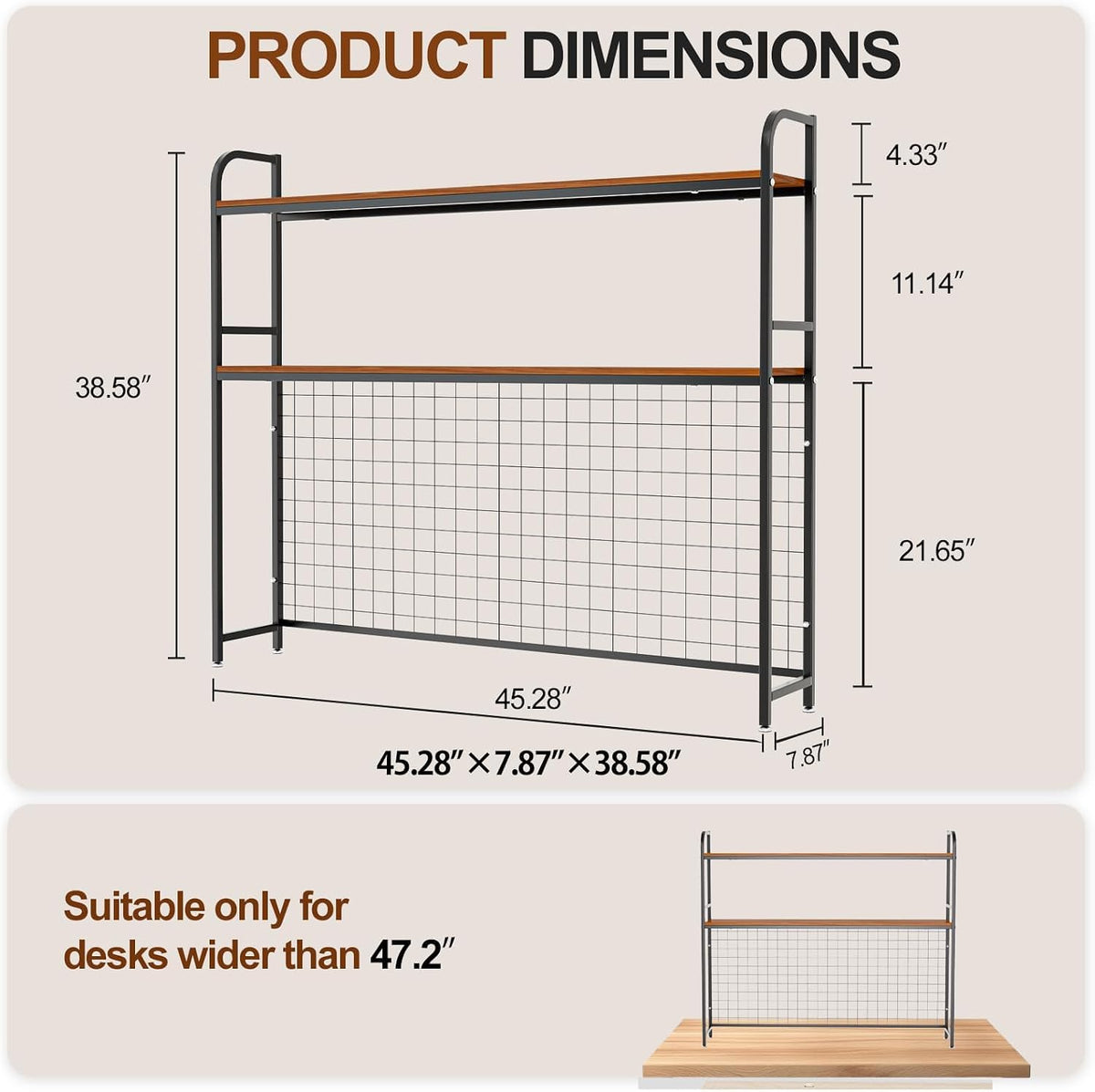 2-Tier Desk Shelf with Grid Panel, Freestanding, Black, 45.3" W