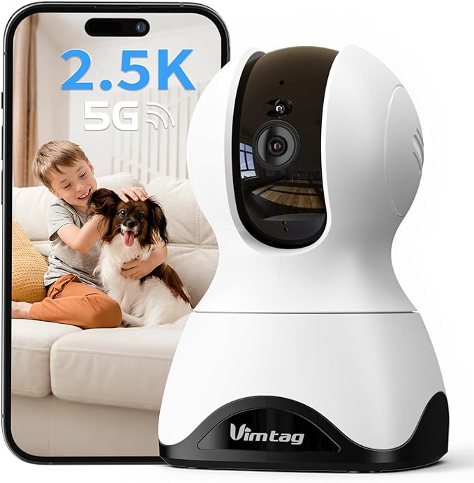 VIMTAG 4MP Pan/Tilt Indoor Camera for Pet/Dog/Cat/Baby/Nanny, Security Camera for Home/Room with Phone App, 5G/2.4G WiFi, Night Vision, 2-Way Audio, Motion Tracking, AI Detection Alarm, Works w/Alexa