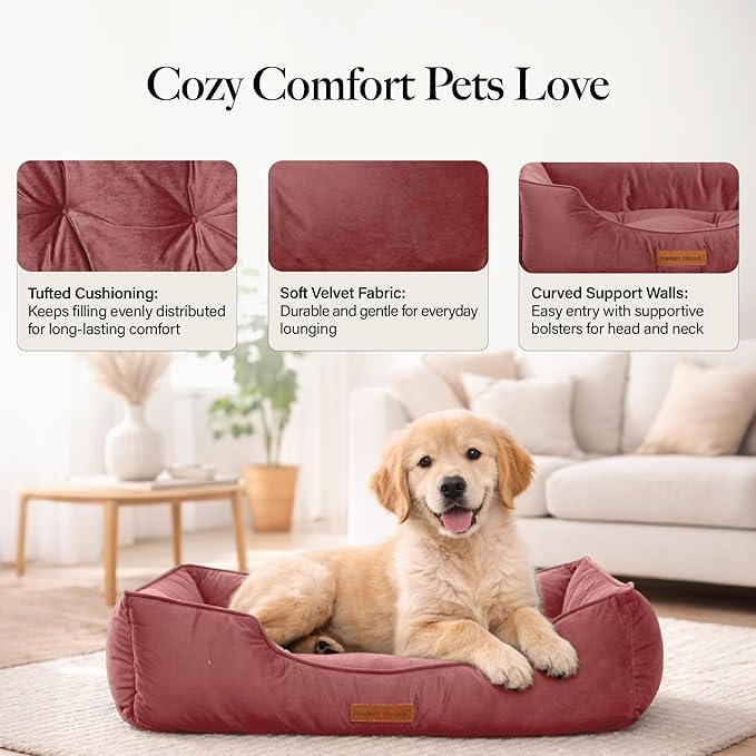 Modern Threads Luxury Dog Bed - Comfortable Tufted Velvet Cushion for Small to Large Dogs - Machine Washable - Durable & Cute Sleep Space for Pets - Pamper Your Pet with Cozy Beds - Rosewood