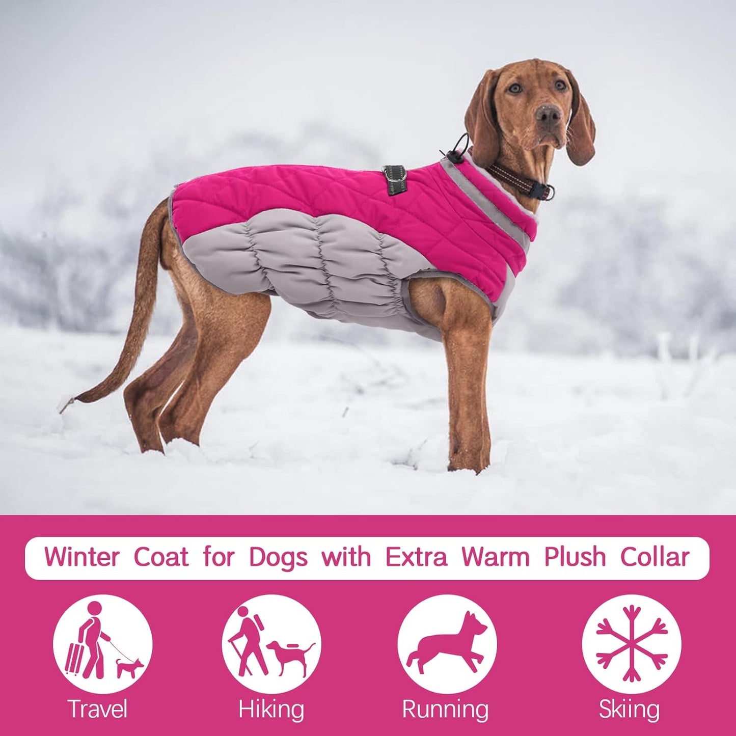 FUAMEY Dog Coat, X-Large, Pink, Faux Fur, Turtle Neck, Zipper, Water Resistant, Reflective, Windproof, Fitted for Large Breeds