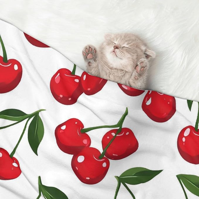 Cherry Print Soft Plush Pet Blanket, Washable Dog Blanket, Cat Fleece Throw, Puppy Bed Crate Mat & Sofa Couch Protector - Medium