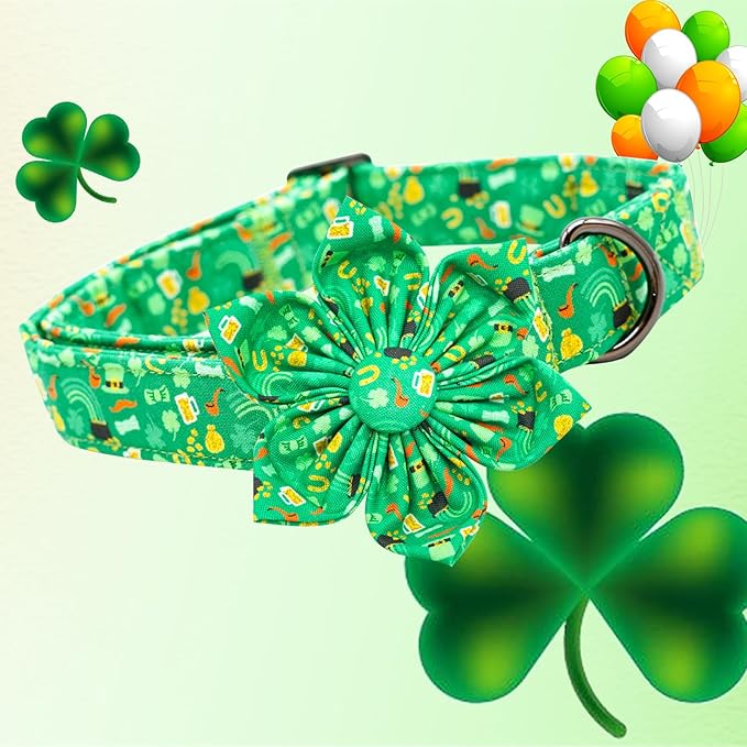 Lionheart glory St. Patrick's Day Dog Collar with Flower Dog Collar for Large Dogs, Green Collars Lucky Clover Shamrock Dog Collar Flower Pet Collar Bows Heavy Duty
