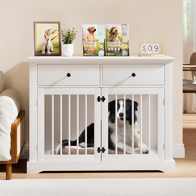 PUKAMI 44inch Large Dog Crate Furniture with Drawers, Wooden Dog Kennel Furniture for Indoor use, White End Table Dog House, for Small/Medium/Large Dog