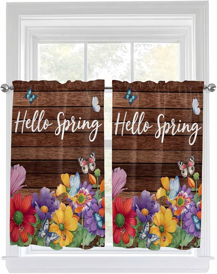 Spring Flowers Tier Curtains 45 Inches Long, Watercolor Farmhouse Colorful