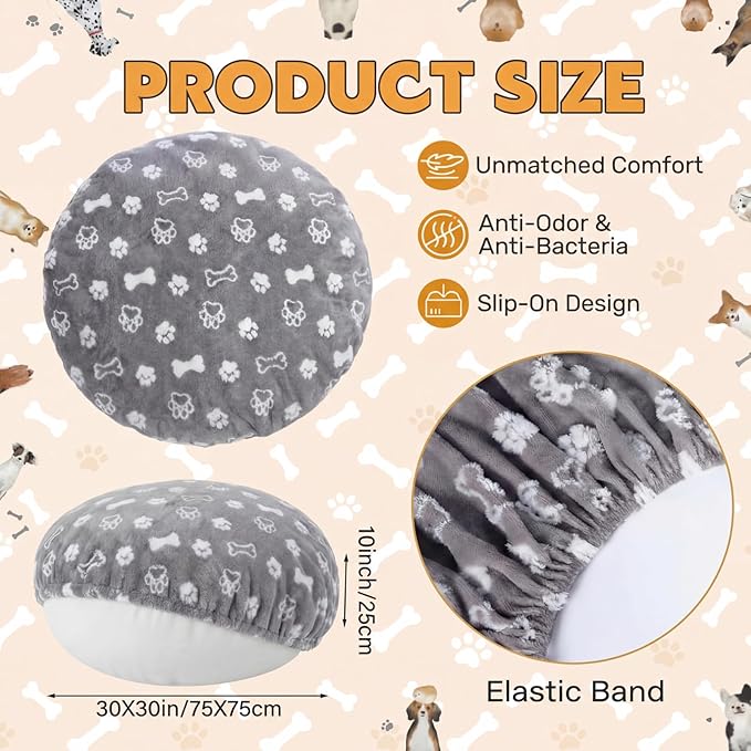 Oudain Washable Round Dog Bed Cover 30 x 30 x 10 Gray Paw Bone Prints Waterproof Dog Bed Cover Replacement for Round and Donut Dogs Beds Scratch Resistant Mattress Protector