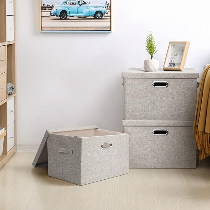 Large Quart Collapsible Stackable Storage Bins with Lids, 3 Packs Beige Linen Fabric Closet Boxes with Lids, Storage Cube Baskets Container Organizers for Bedroom Office(16.6 x 11.7 x 10.8)