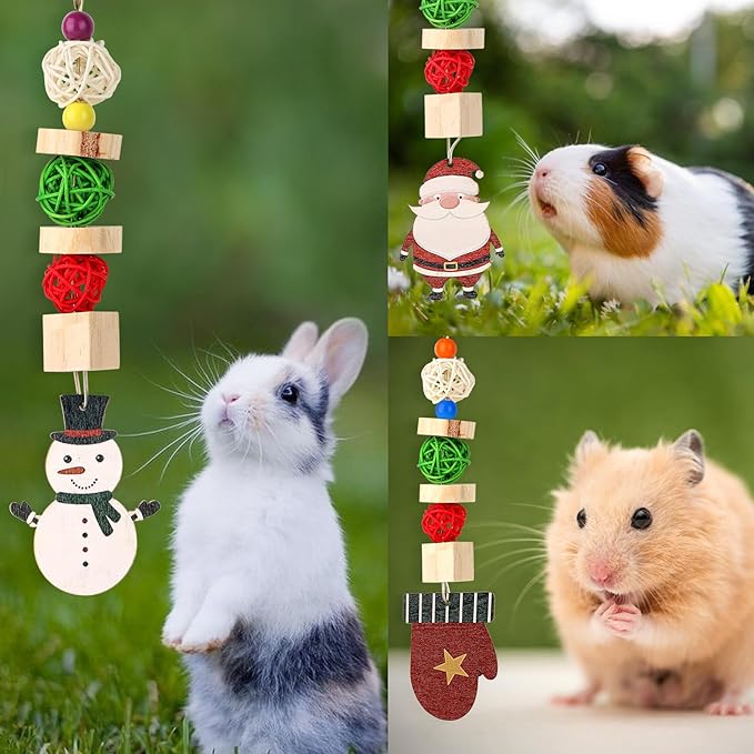 Abizoo Christmas Guinea Pig Chew Toys,3 Pcs Rabbit Chew Toys Hamster Bunny Treats Wood for Chinchilla,Hanging Christmas Themed Decor Cage Accessories for Small Animals pet Teeth Enrichment Gifts