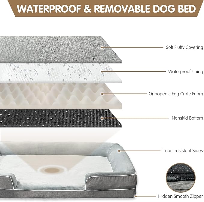 Dog Beds for Large Sized Dogs,Washable Orthopedic Memory Foam Dog Couch Sofa Bed with Bolster,Removable Cover,42x30Inch,Grey