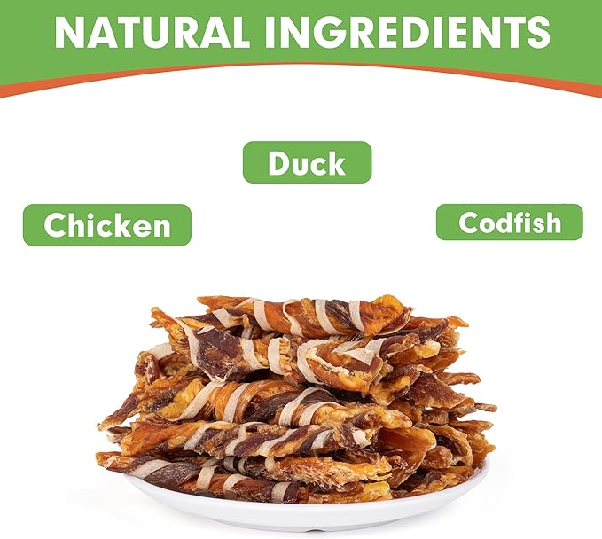 MON2SUN Dog Treats, Triple Flavor Jerky Twist Sticks, 4.5-5 Inch Chicken Duck and Codfish Sticks Chews for Small Dogs, Healthy Snacks, 17.64 oz (50 Count-Pack of 1)