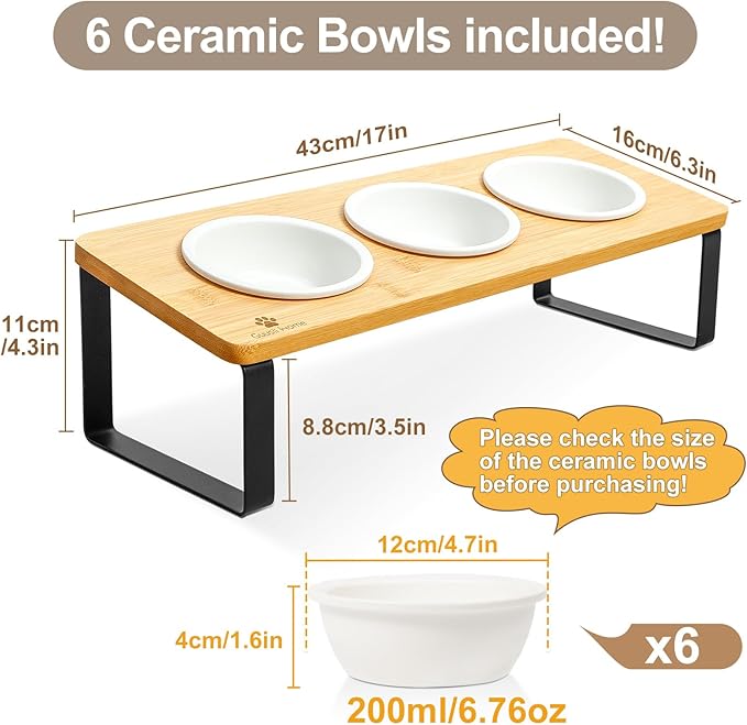 Sunhoo Elevated Cat Bowls for Indoor Cats Raised Tilted Food Water Kitty Dish Stand with 6 Ceramic Bowl Set Orthopedic Wooden Pet Feeder Feeding Sation Reduces Vomiting 4.7in Easy Assembly(Yellow)