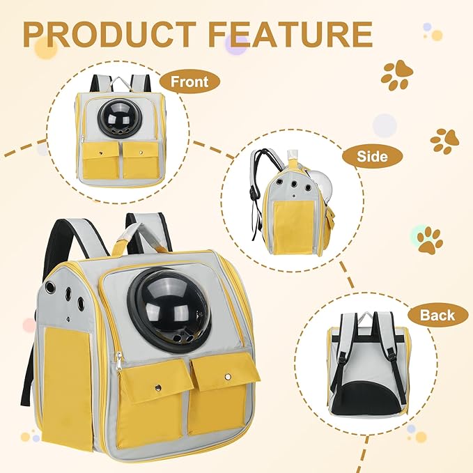 Pet Backpack Carrier, Portable and Ventilated, Oxford Cloth, Dogs Cats and Small Animals Travel Bag 12.99", (Yellow, 1 Pcs), Intended for Hiking/Camping/Traveling