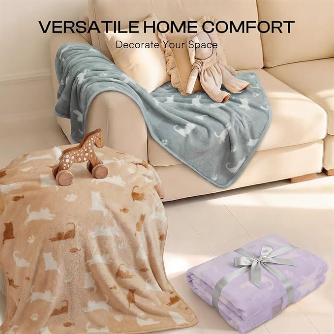 Luciphia 1 Pack 3 Blankets, Cute Cat Printed Fluffy Fleece Pet Blanket for Dogs Cats Washable, Warm Soft Throw Cover for Crate Couch, Gifts Puppy Essentials, Purple/Grey/Khaki, Large (41x31 inch)